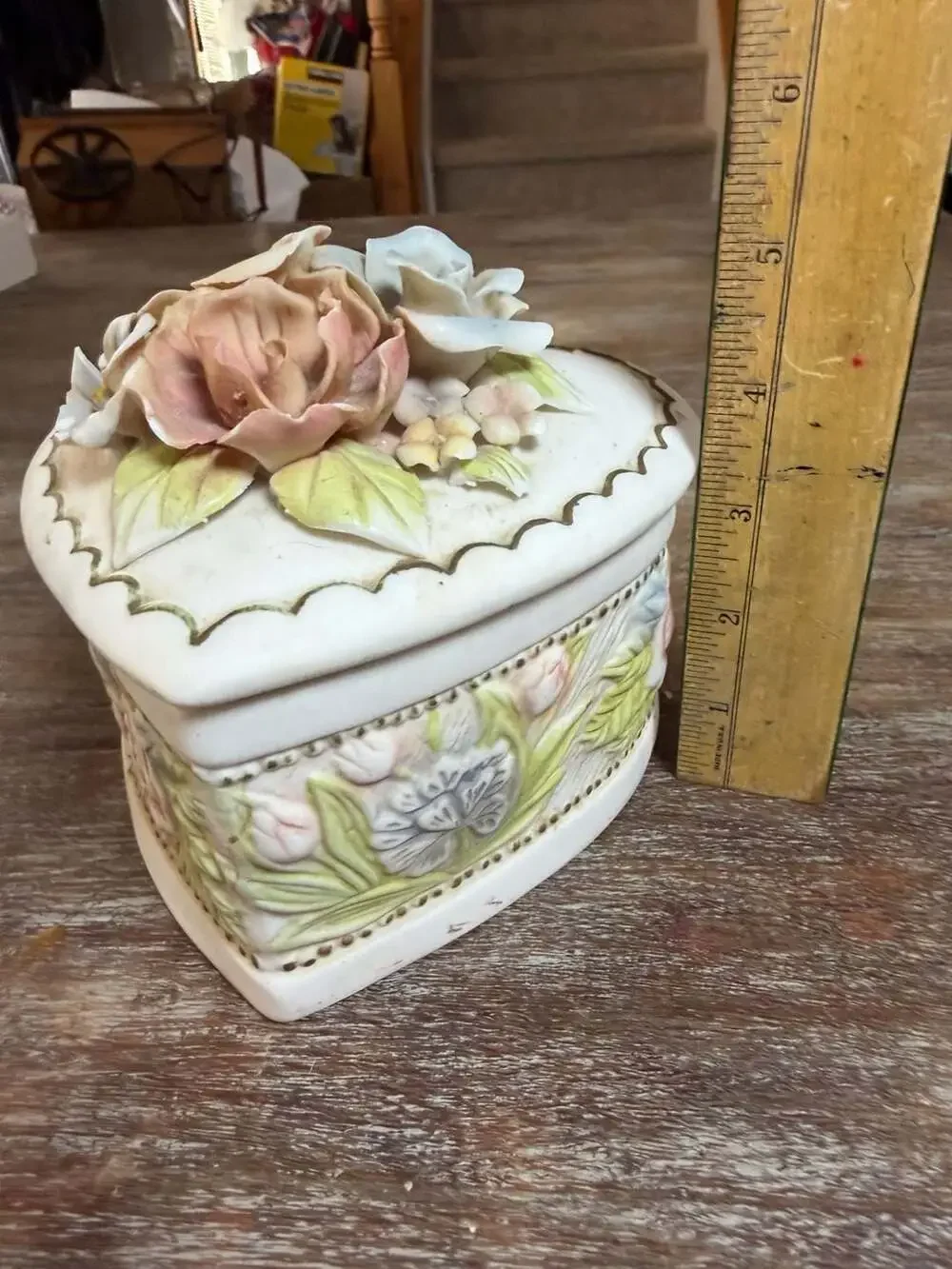 Vintage Porcelain Heart-Shaped Trinket Box with Applied Floral Bouquet